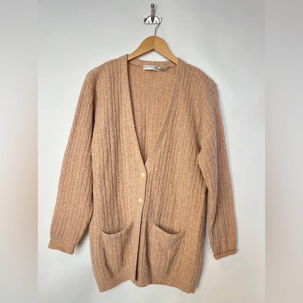 Vtg Liz Claiborne Collection Angora Cable Knit long‎ Cardigan, Size S
